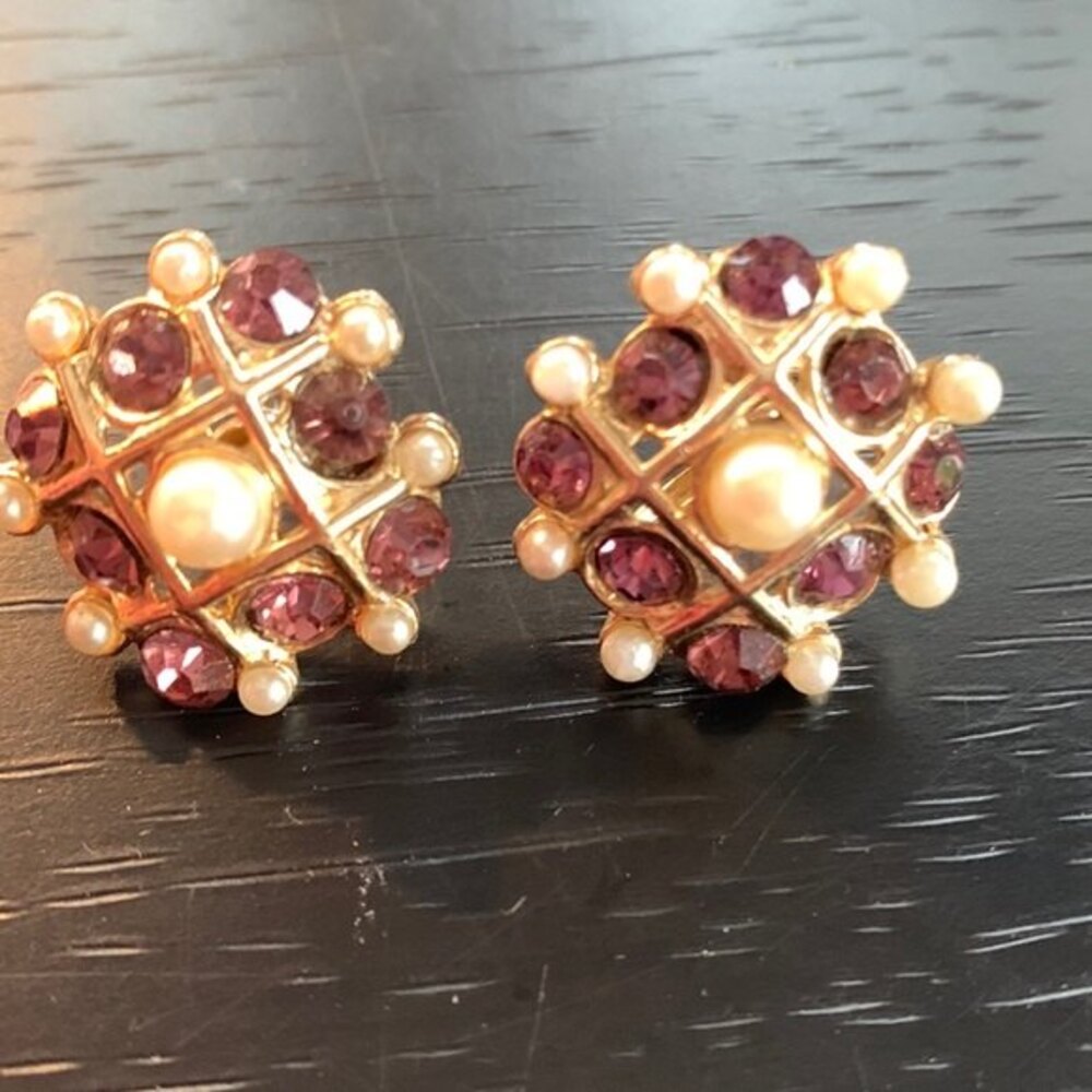 Vintage Purple,Gold and pearl screw back earrings